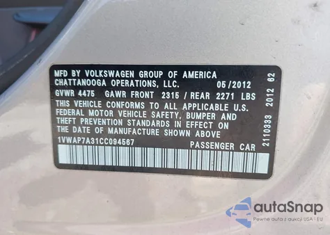 2012 Volkswagen Passat 2.5L S z USA, uszkodzony, nr VIN 1VWAP7A31CC094567